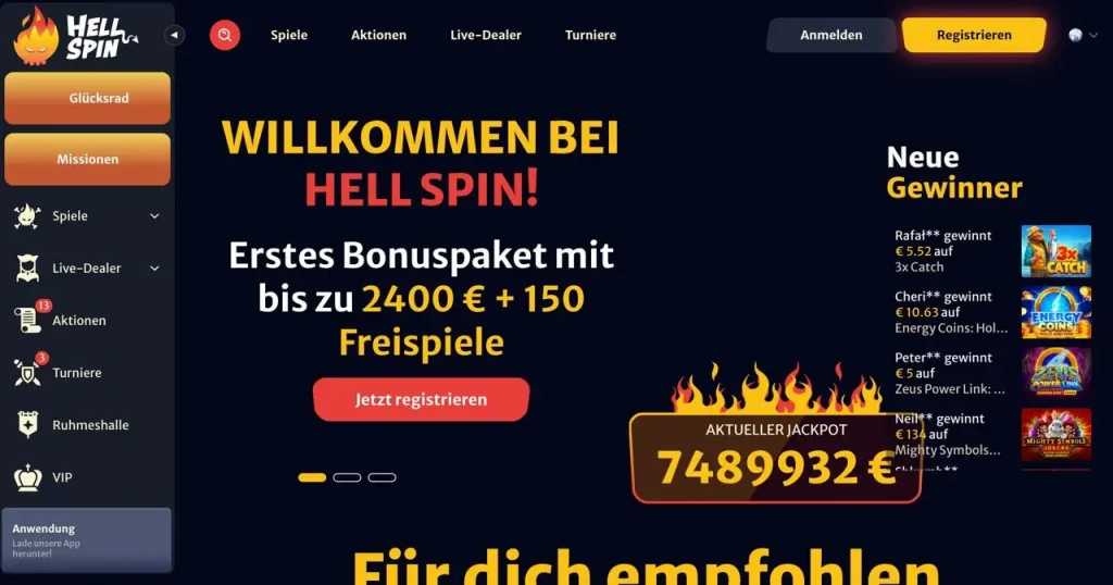 Welcome bonus at HellSpin Casino - €2400 and 150 free spins