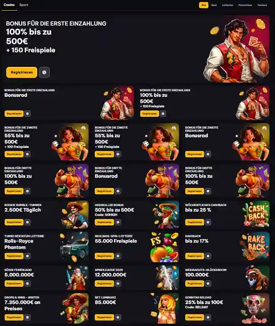 Spin Macho Mobile Casino mit Übersicht der Spielautomaten und Spielekategorien